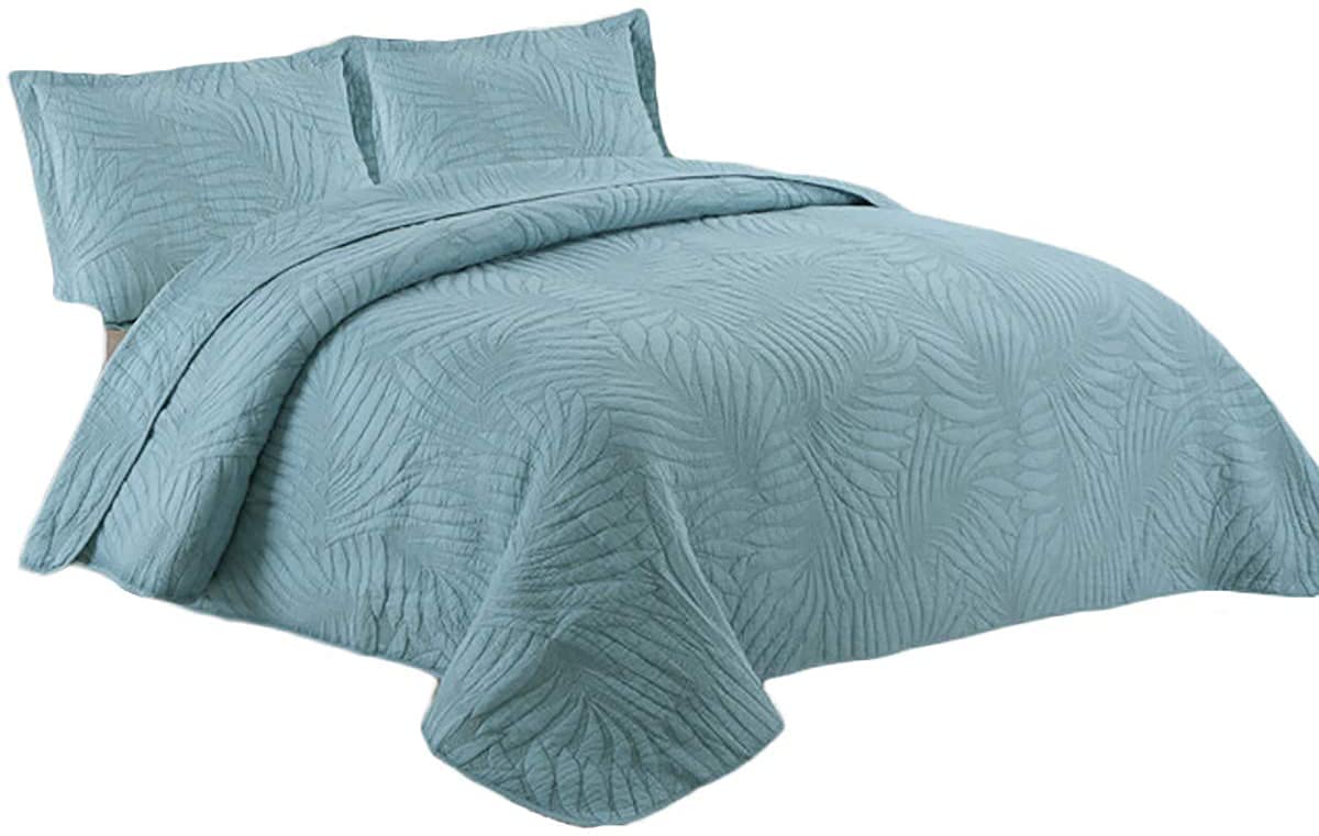 Sjdopulse Blue Simple Style King Size Bedspread Leaf Embossed Pattern Quilted Comforter Multipurpose Bedroom Decor Quilt Coverlet Soft Microfiber Reversible Bedding Set Bed Throw,White,230 * 250Cm