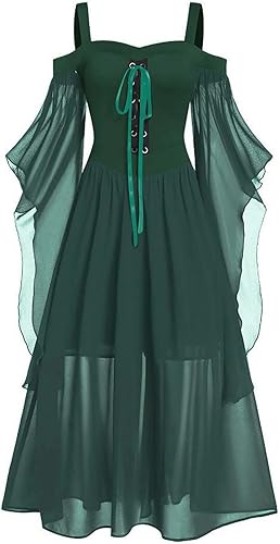Miniatura 10 de ZWRXW Vestidos góticos para mujer, para Halloween, medieval, retro, renacentista, para disfraz, corsé de manga acampanada, dobladillo irregular,