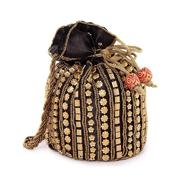 Black Beaded fabric wedding potli for ladies for women handbags traditional Indian Wristlet with Drawstring Ethnic Embroidery Women Fashion Potli