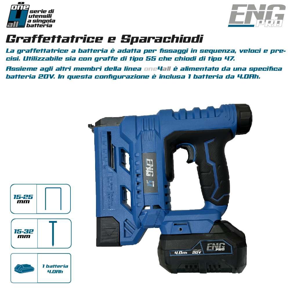 Graffettatrice e Sparachiodi 2-in-1 senza fili | Linea Professionale a Batteria ONE4ALL 20V |Chiodatrice a batteria pistola sparachiodi| 1 Batteria 4.0 Ah