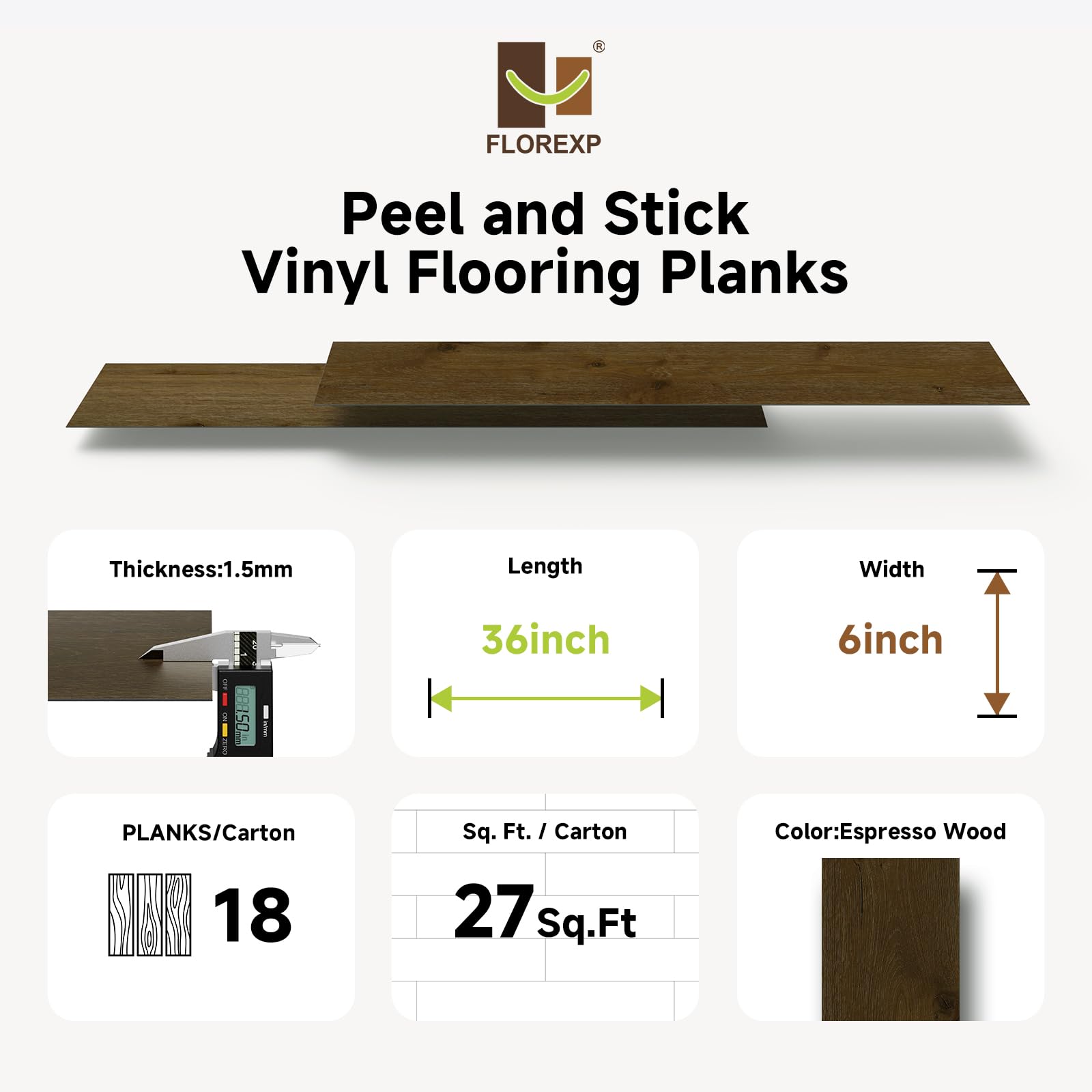 Pavimenti in vinile Peel and Stick, legno espresso, 18 assi 27 mq