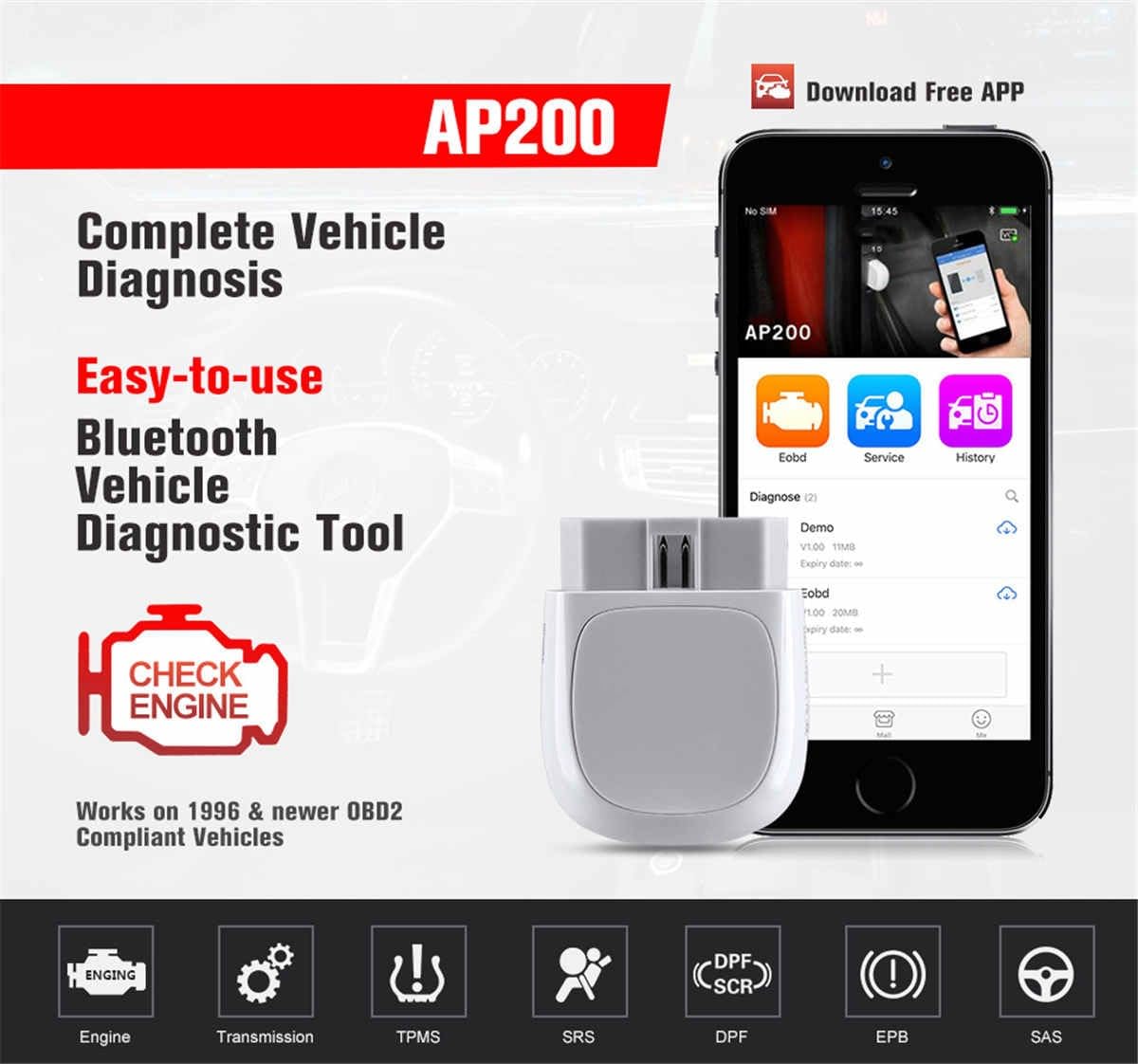 AP200 Bluetooth OBD2 skaner samochodowy OBD 2 TPMS narzędzie diagnostyczne pełne systemy skanowania narzędzia PK MK808