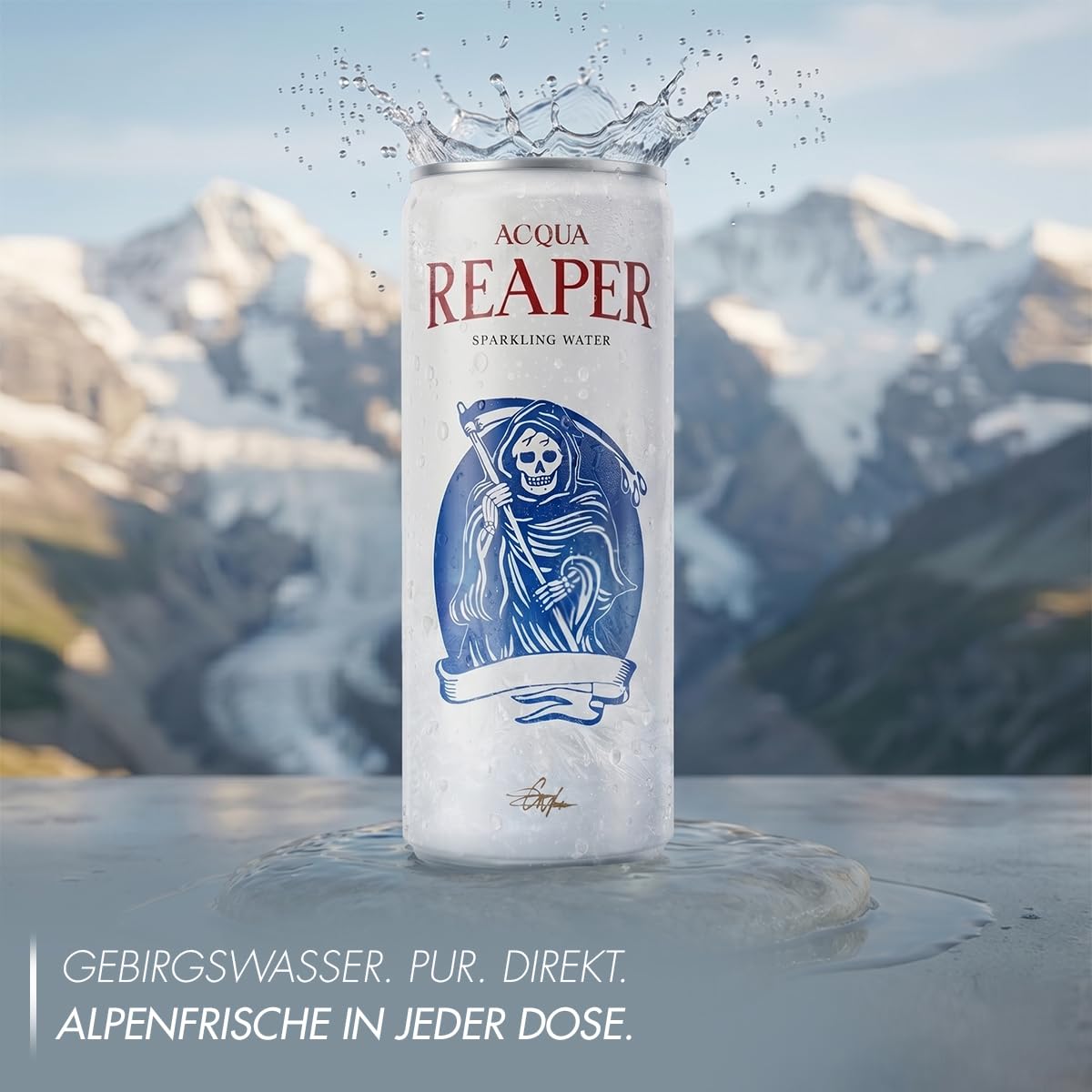 Acqua Reaper Sparkling Water 24er Pack | Natürliches Alpenwasser mit Kohlensäure – Sprudel Mineralwasser in Aluminium Getränkedosen (24 x 0,33l Dose) – Ohne Zucker & Inkl. Pfand EINWEG