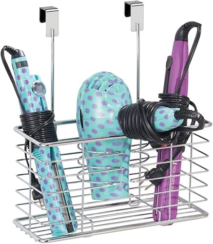 Miniatura 6 de mDesign - Canasta de metal para almacenamiento, para colgar de la puerta del armario del baño, diseño tipo casa de campo, para secadora de pelo,