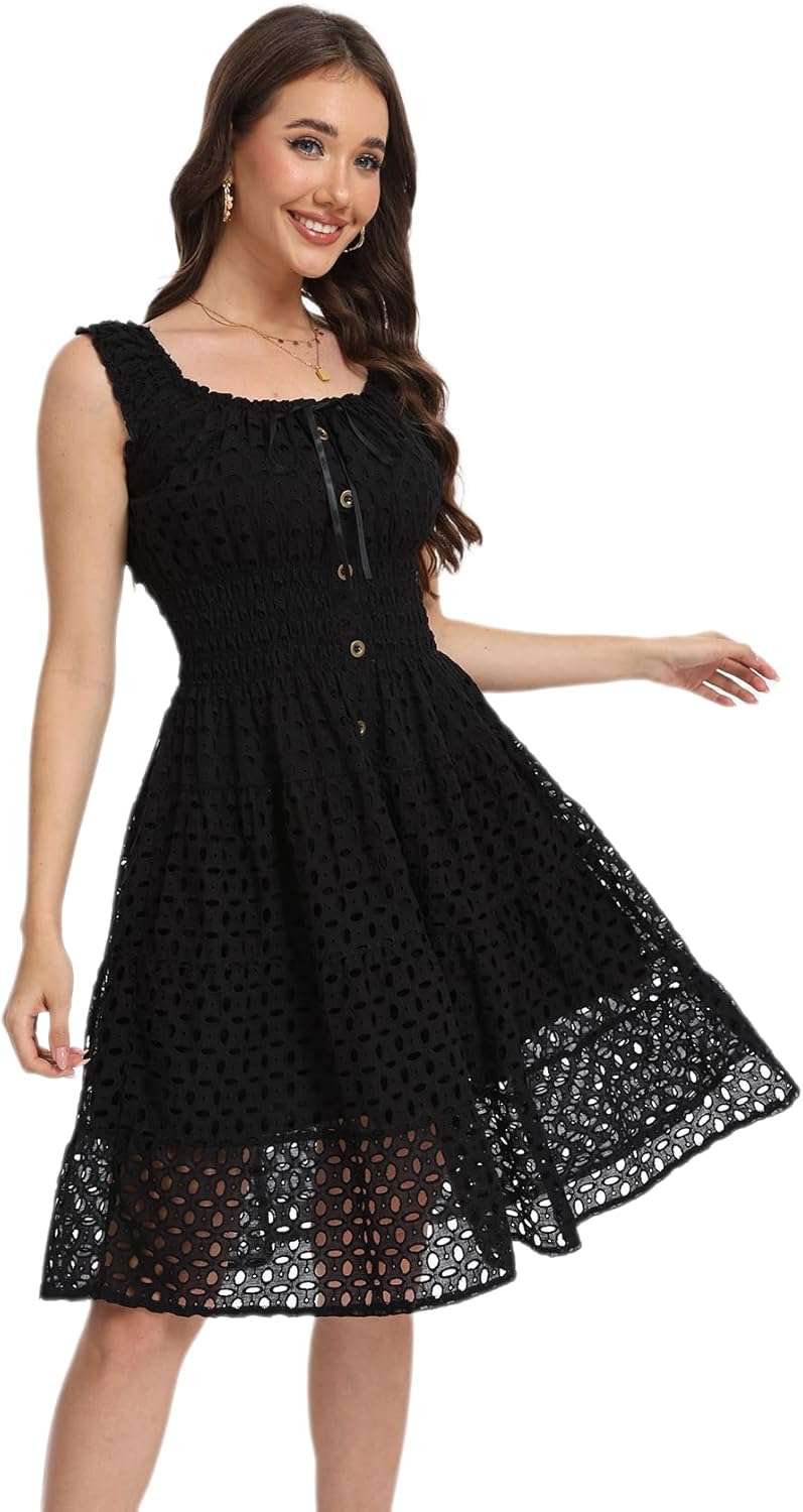 Women's 2025 Summer Short Dress Square Neck Hollow Out Lace Casual Beach Dresses - Image 3