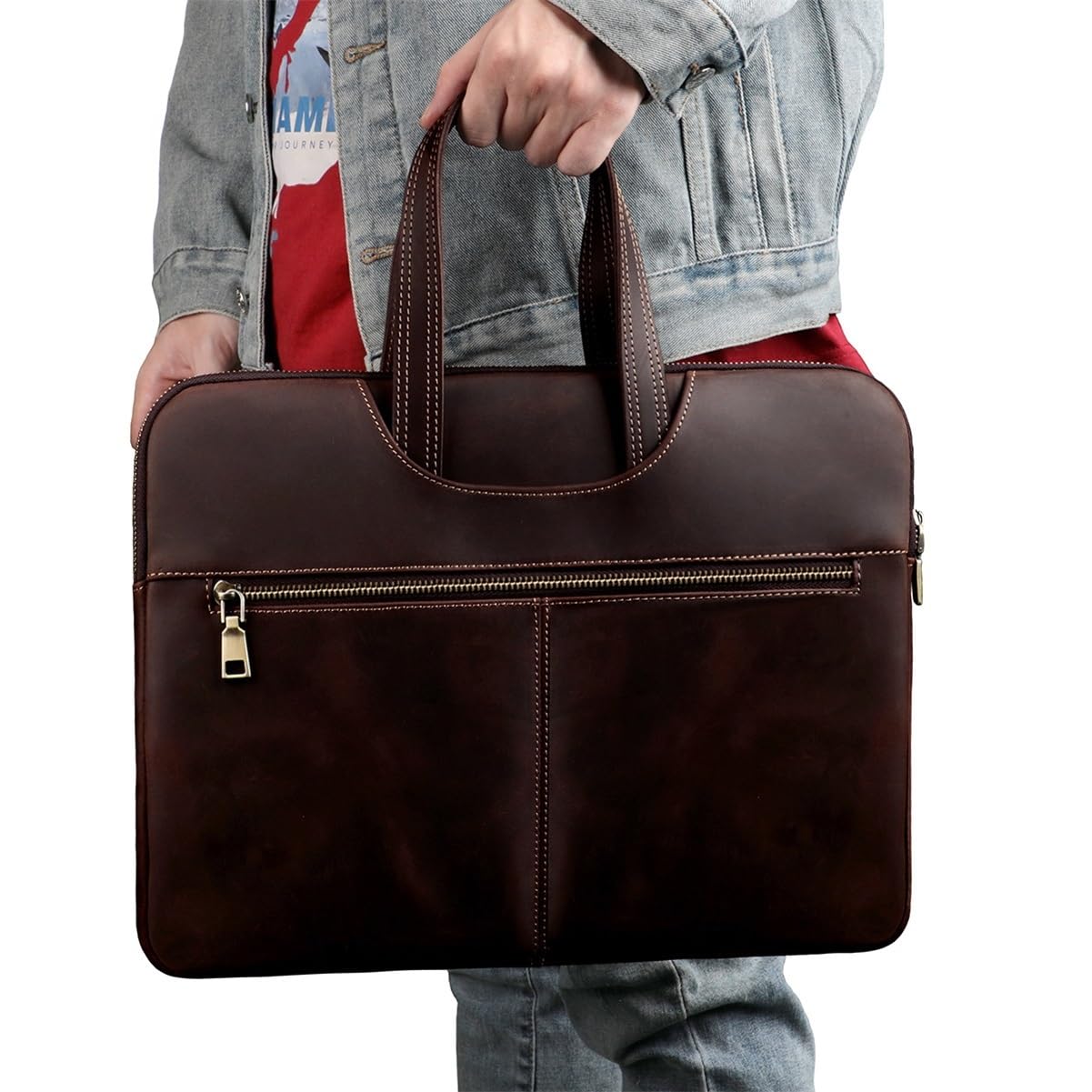 Bolso portátil cuero hombre, maletín delgado 14 pulgadas, bolsa documentos