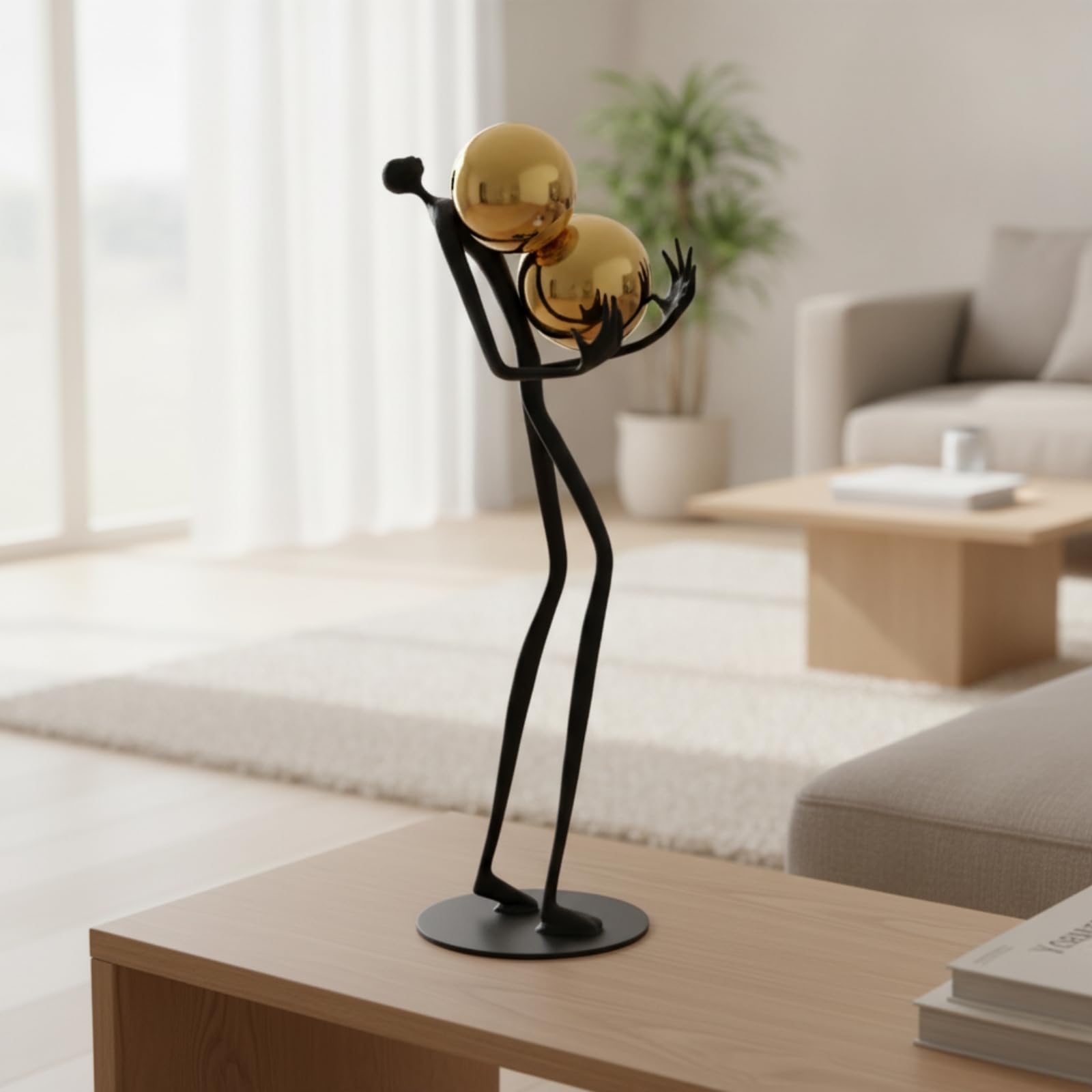 Abstrakte Menschliche Figur aus Metall Freistehend Freistehende Metallskulptur mit Sockel Goldfarbenes Detail Abstrakte Metallskulptur für Wohnzimmer
