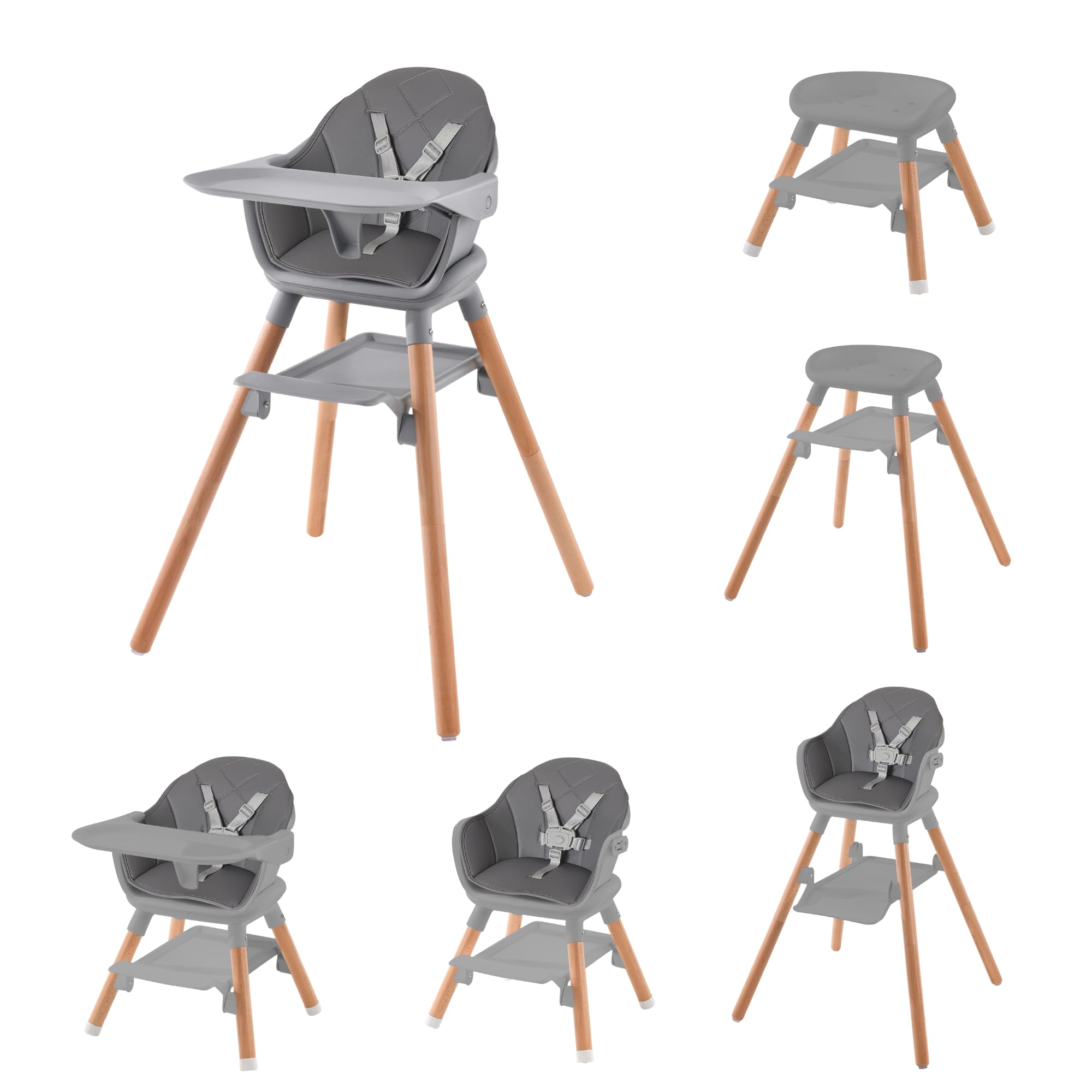 Clair De Lune 6 in 1 Grey High Chair - Leather & Wood - Adaptable from 4 Months to 6 Years
