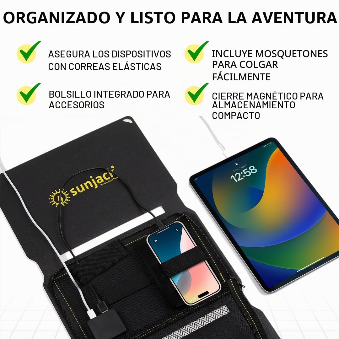 SunJack Cargador de panel solar monocristalino ETFE plegable de 25 vatios IP67 impermeable con USB-C y USB-A para teléfonos celulares, tabletas y portátil para mochileros, camping, senderismo y más | ETFE Monocristalino, USB-C y USB-A, IP67 impermeable, p