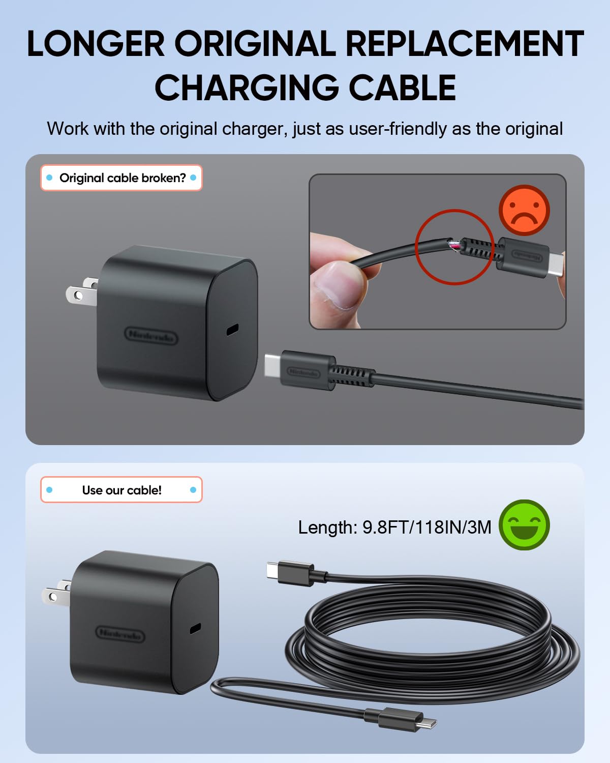AC Adapter Ersatzkabel für Nintendo Switch 2, 9.8FT/3M, 60W USB-C Schnelladung, kompatibel mit Xbox/PS5/Steam Deck