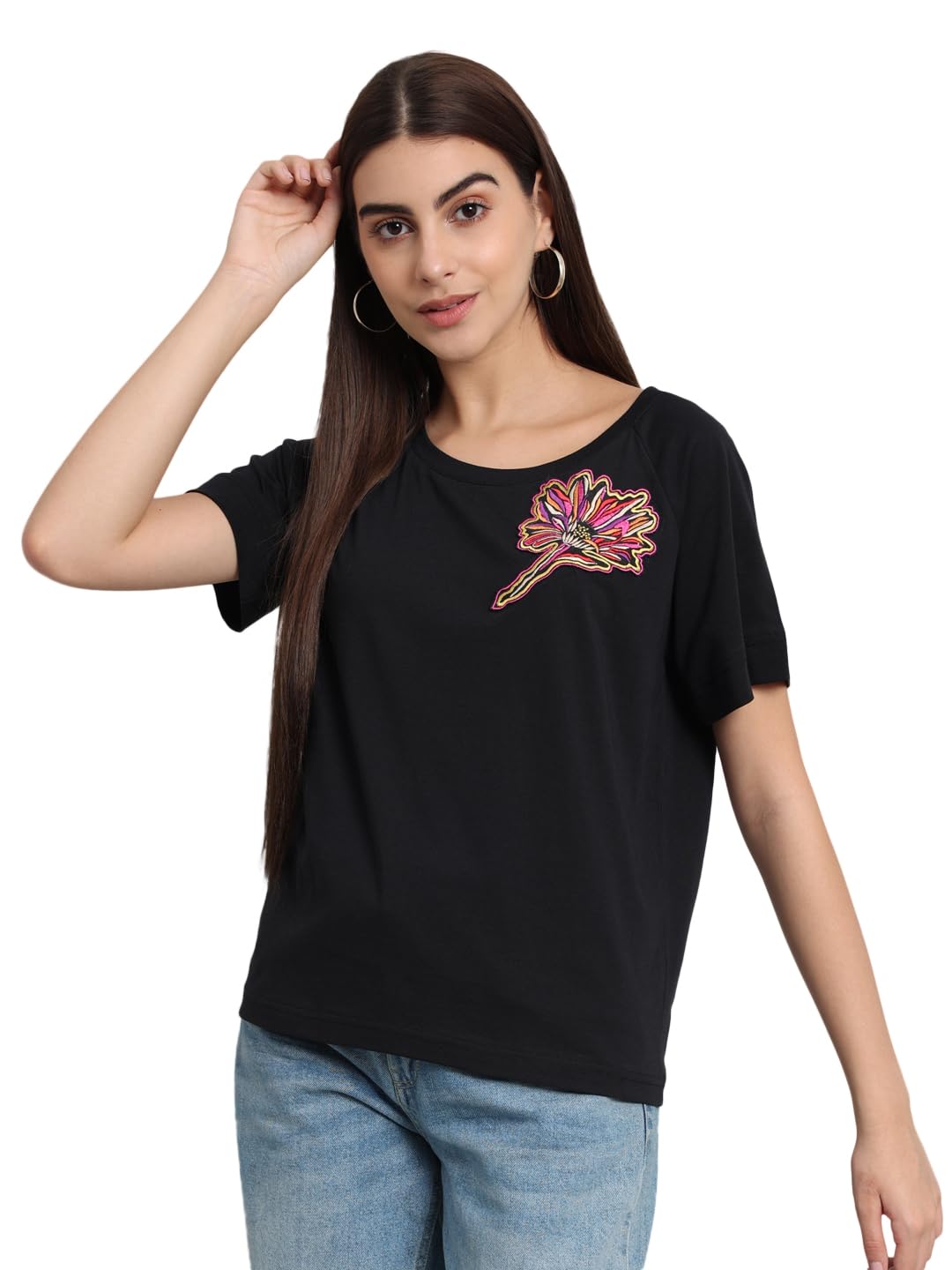 Just Wow Women's Black Color Pure Cotton Embroidered Short Sleeve Casual T-Shirt JWTEE_S