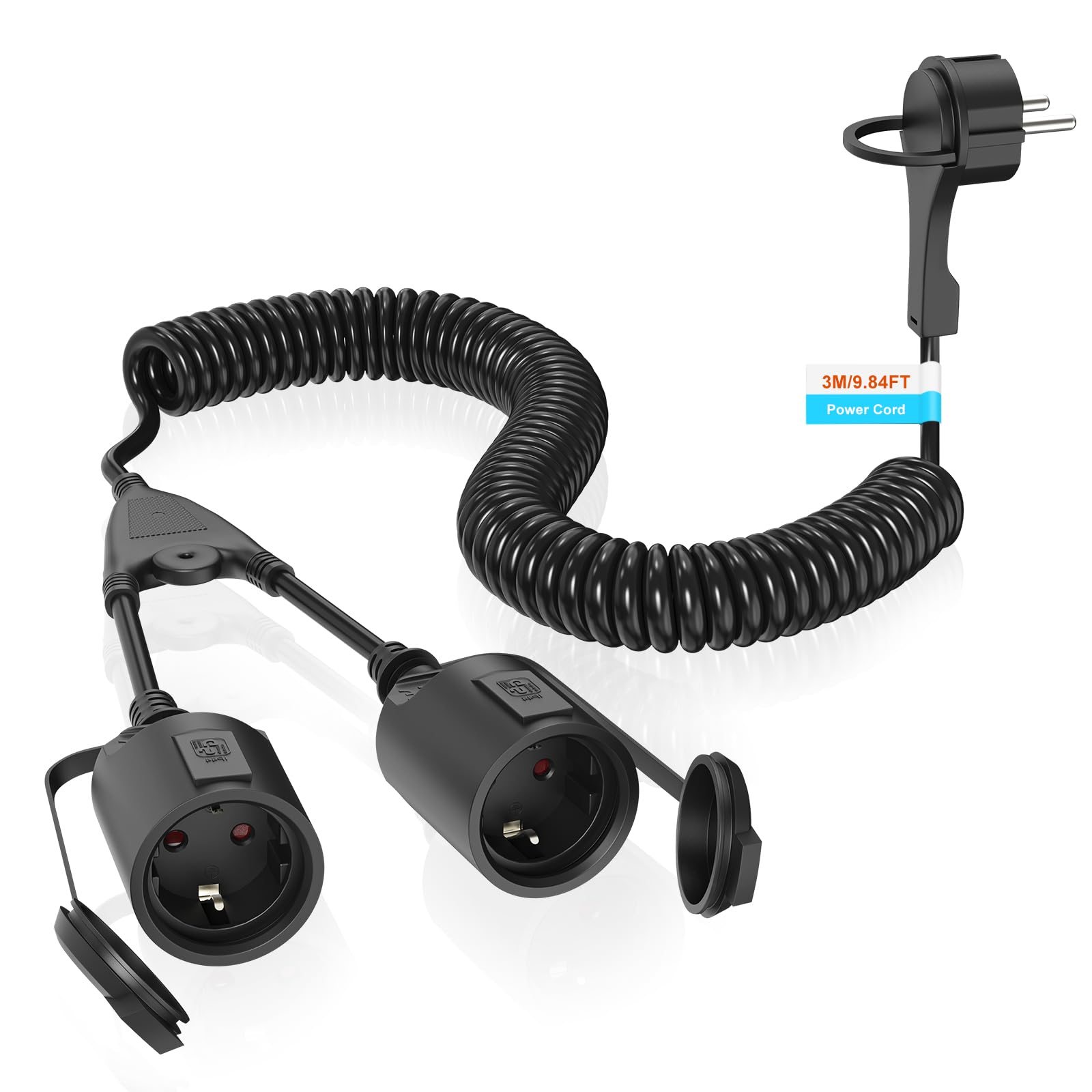 Rallonge spiralée, IP20, étanche, 1 à 2 contacts de protection, câble spiralé, extensible de 3 m Max, rallonge avec 2 prises Schuko (250 V/16 A, noir)