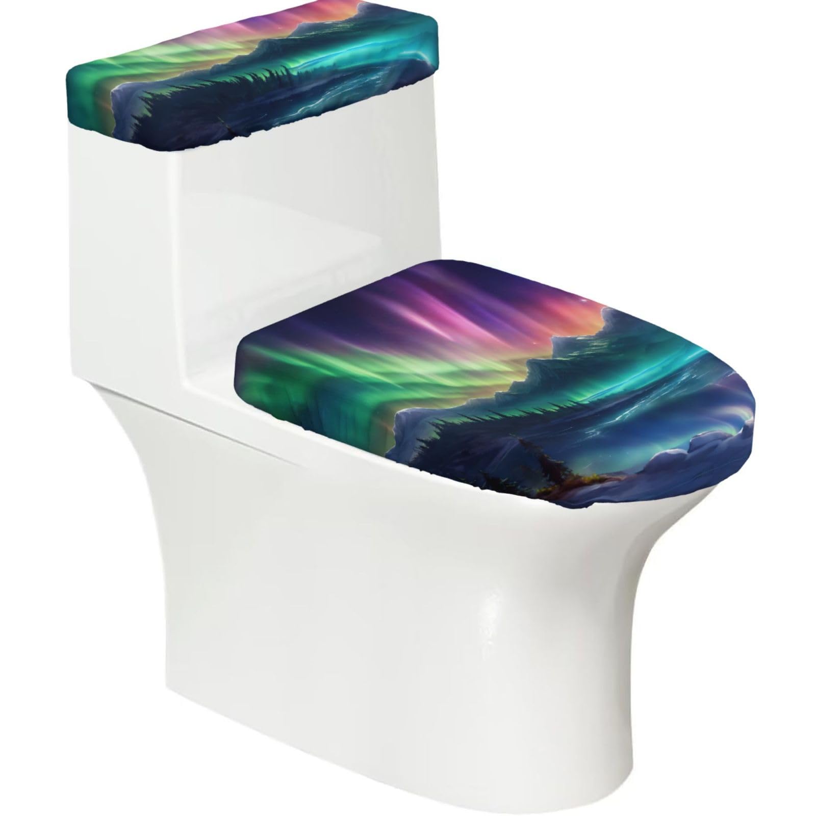 Dark Northern Lights Printed Toilet Tank and Lid Cover Set of 2 for Most Bathrooms, Fits Elongated Round Toilets