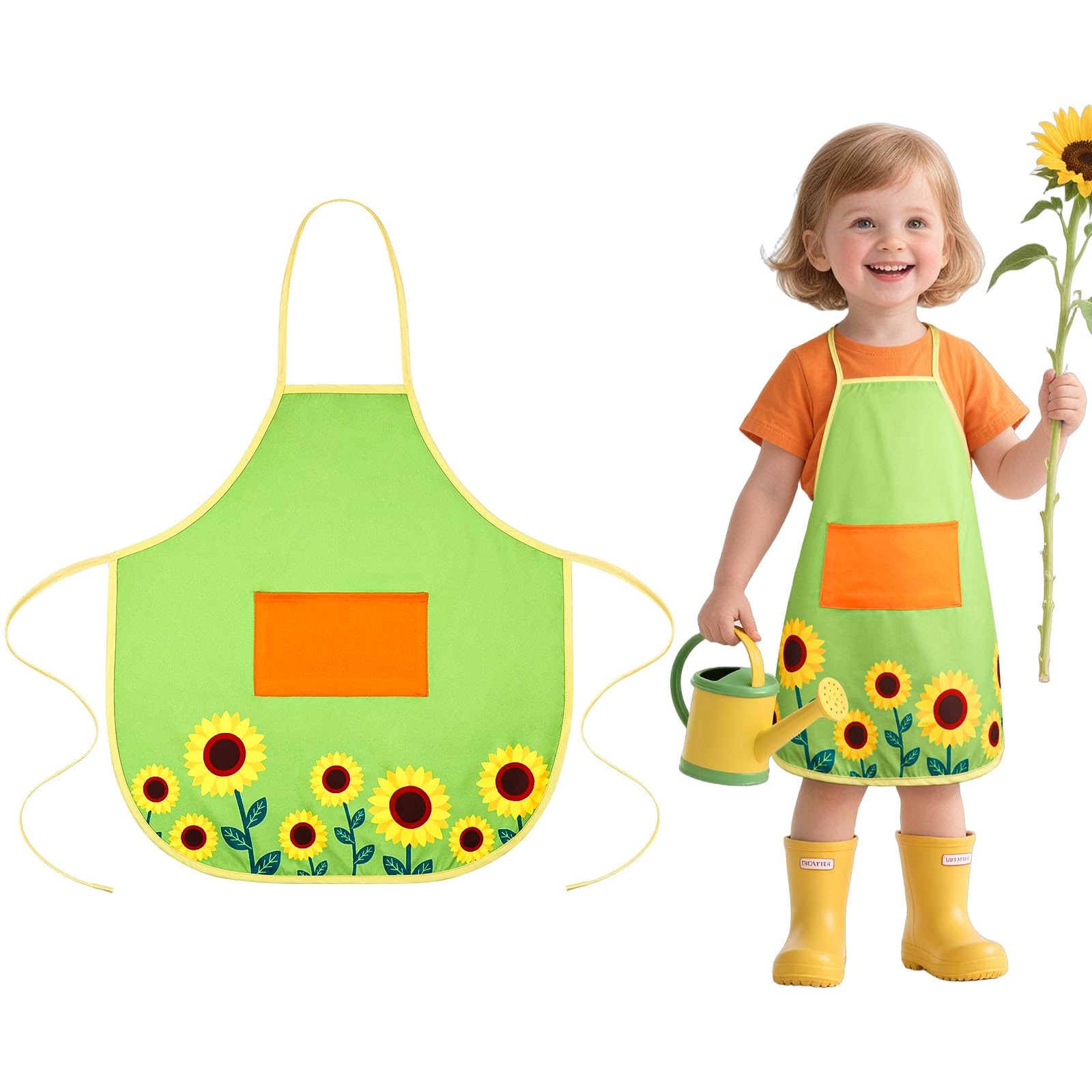 Alaoo Kids Art Aprons, Toddler Chef Bib Aprons with Pockets, Sunflower Print Children's Apron for Kids for Toddler Painting Baking Artist School Eating