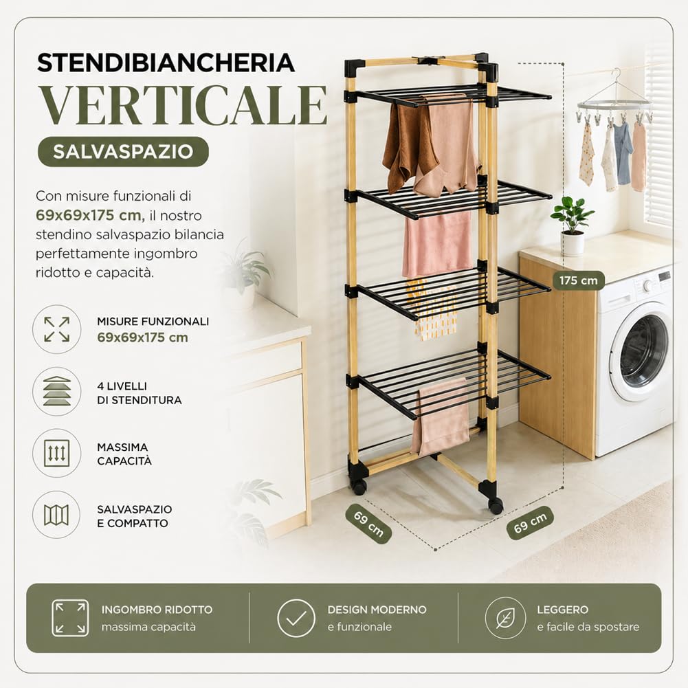 BAKAJI Stendibiancheria a Torre Pieghevole con Chiusura Salvaspazio, Stendino con Ruote Verticale Multilivello per Asciugatura Omogenea, Struttura Resistente e Stabile Effetto Legno (4 Ripiani)