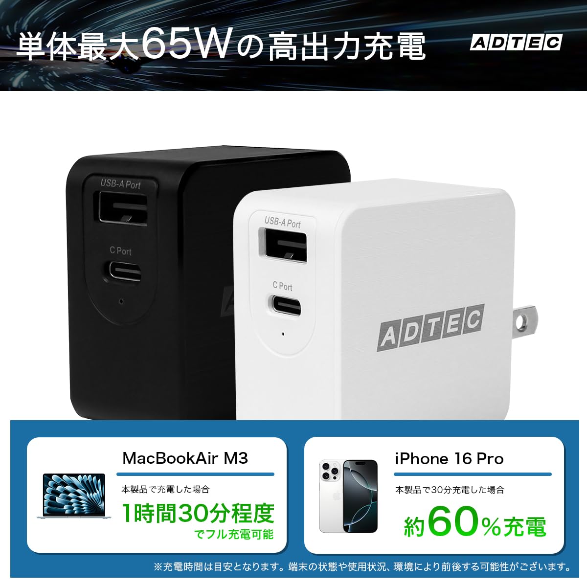 Amazon.co.jp: アドテック PD充電器 65W 15V/4A 2ポート【eMarker