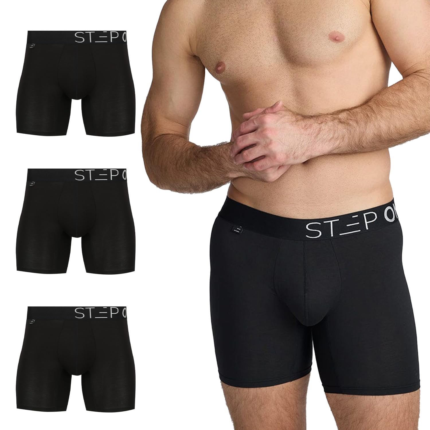 STEP ONE Herren Boxershorts - 3er Pack I feuchtigkeitsabweisende Männer Boxershorts, mit 3D Tasche + Scheuerschutz, organische Bambus Unterwäsche Black XL