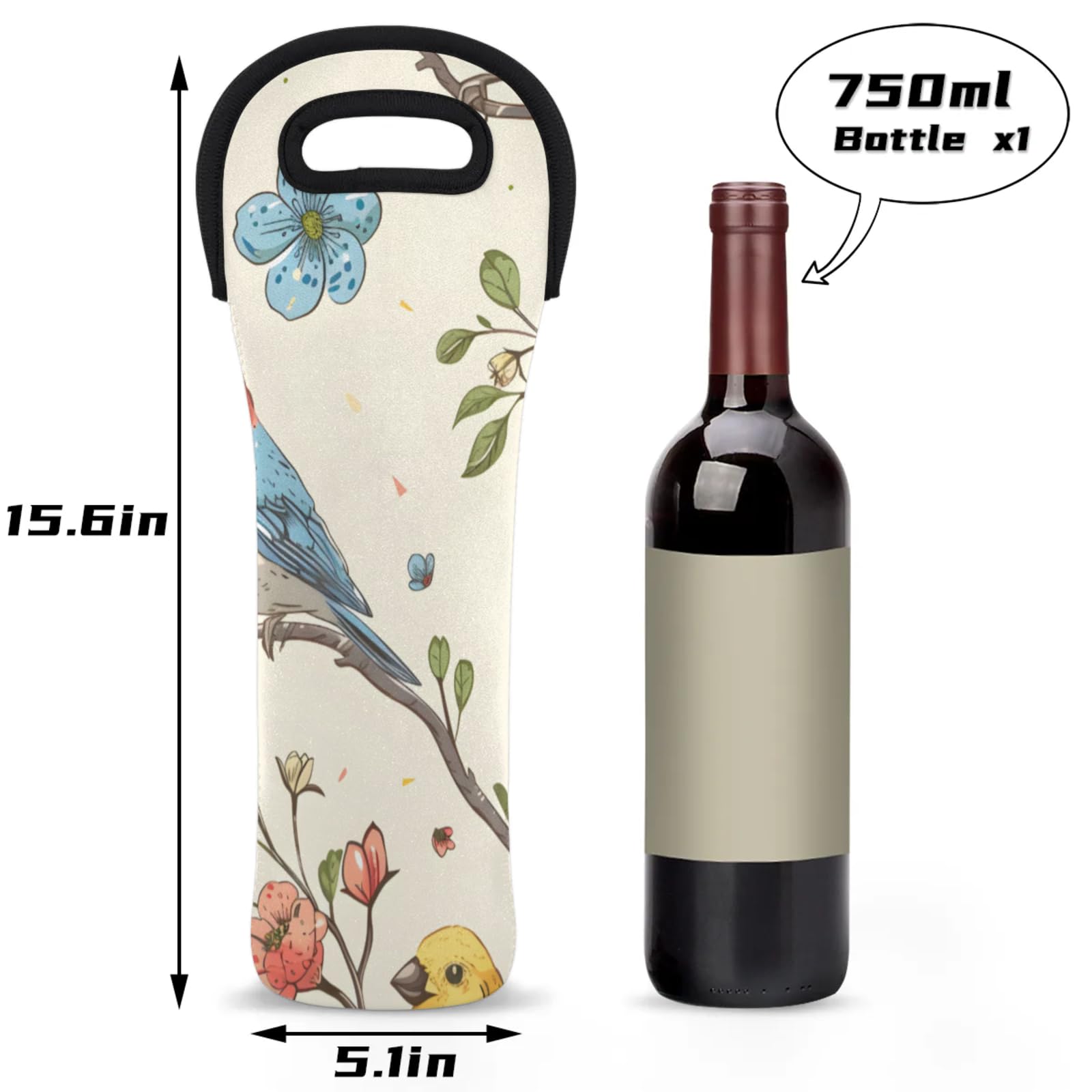 Neoprene Wine Tote Carrier Bag for Wine,Water, Champagne, Beer, Baby Bottles 15.6 x 5.1 Inches, Protective Wine Bag,Bird