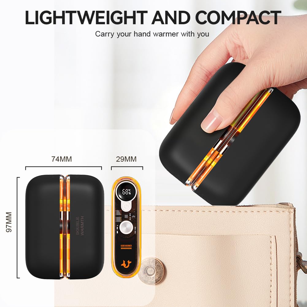 URAQT Podgrzewacz do rąk 2 w 1, 6000 mAh, oświetlenie RGB z możliwością ładowania, magnetyczny podgrzewacz do rąk, 4 poziomy ciepła z możliwością ładowania, idealny prezent dla mężczyzn i kobiet w