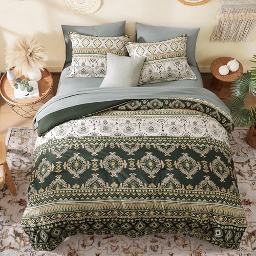 Image of Geniospin Queen Comforter Set - 7 Pieces Bedding Set, Boho Bed in A Bag, Lightweight Soft Aztec Bedding, All Season Bed Comforter Set with Sheets, Pillowcases & Shams