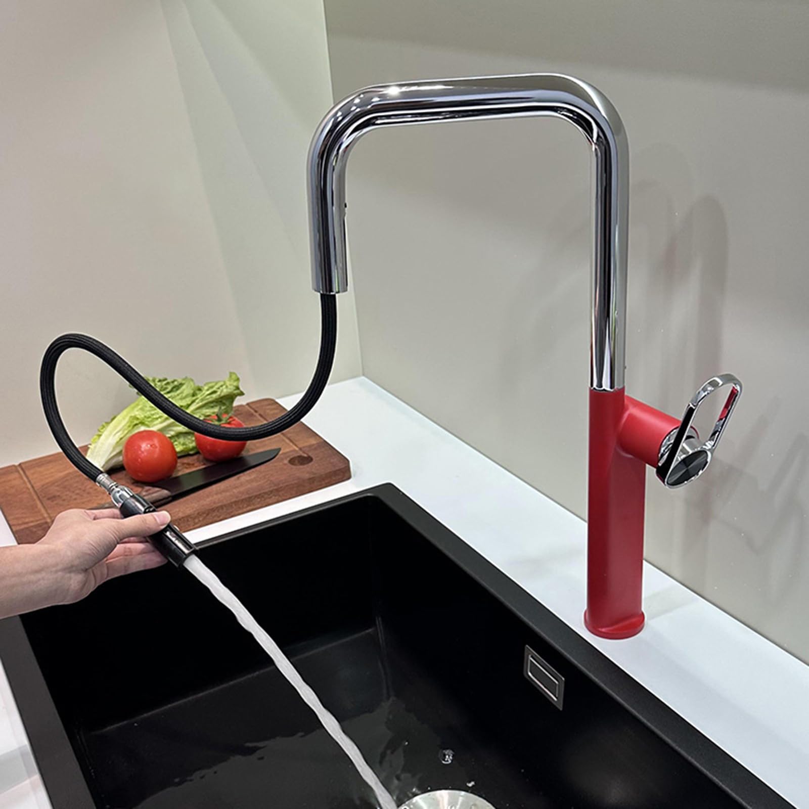 ZYCHSJXA Kitchen Bath Taps Sink Mixer Pull Out Spray Tap Single Faucet - Red Lever with Swivel Spout Monobloc