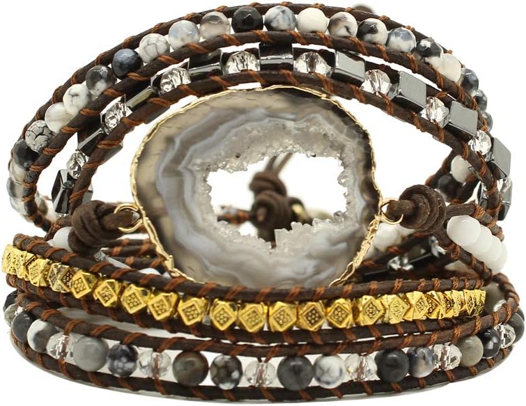 Bonnie Gemstone Wrap Bracelet Cuff 5 Wraps Agate Bead Leather Bracelet & Gold Plated Agate Druzy Geode Slice Stone Tree of Life Bracelet for Women