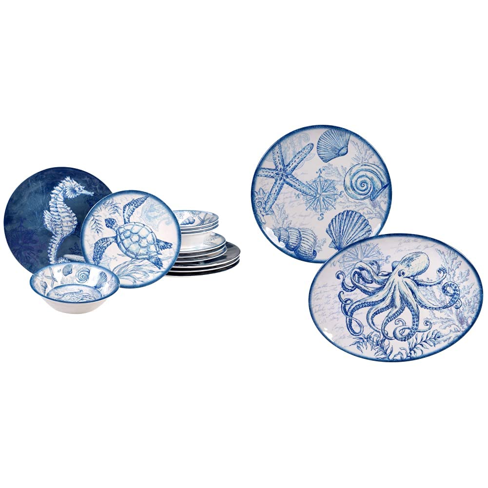 Certified International Oceanic 12 piece Melamine Dinnerware Set, Service for 4, Multi Colored & Oceanic 2 Piece Melamine Platter Set, Multi Colored, Large