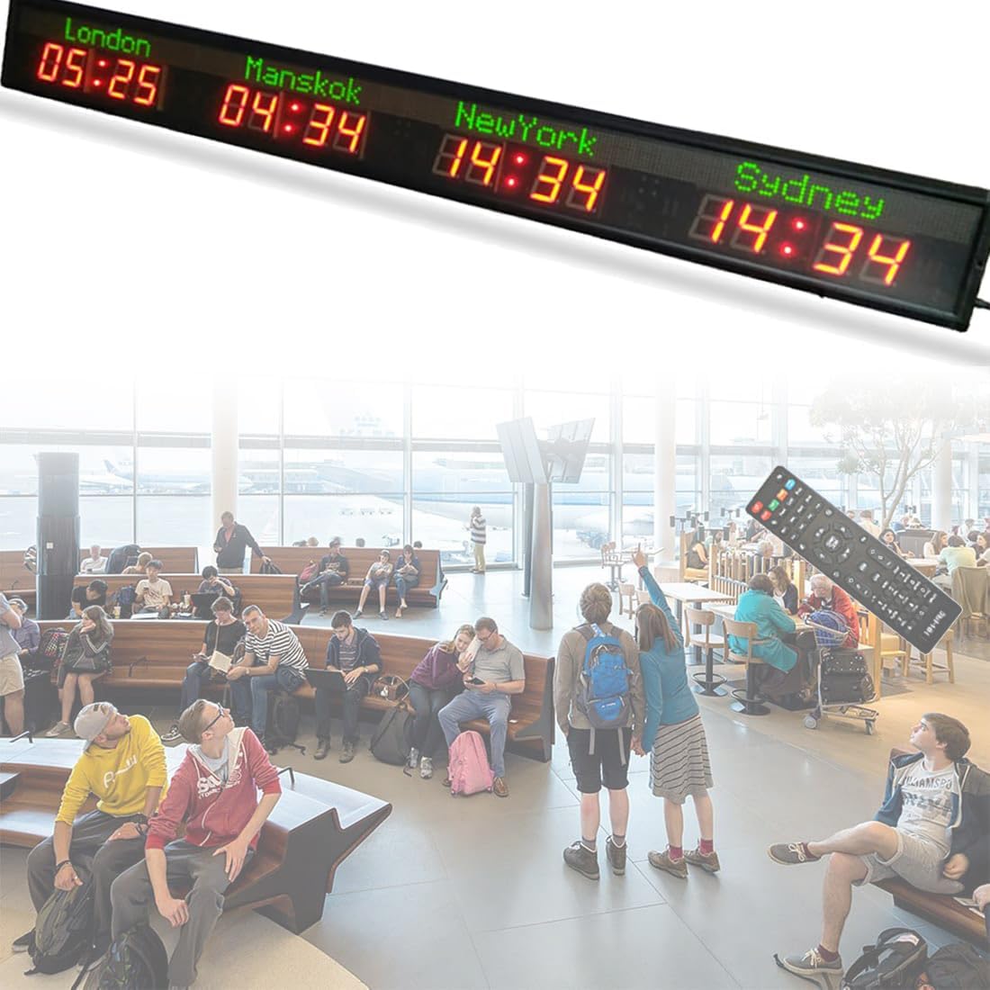 Large Digital Led World Clock, Wall Mounted 4 City Time Zone, 2 Modes and 5-Level Brightness Adjustment, City Time Zone World Clock, for Multinational Corporate Hotel Offices