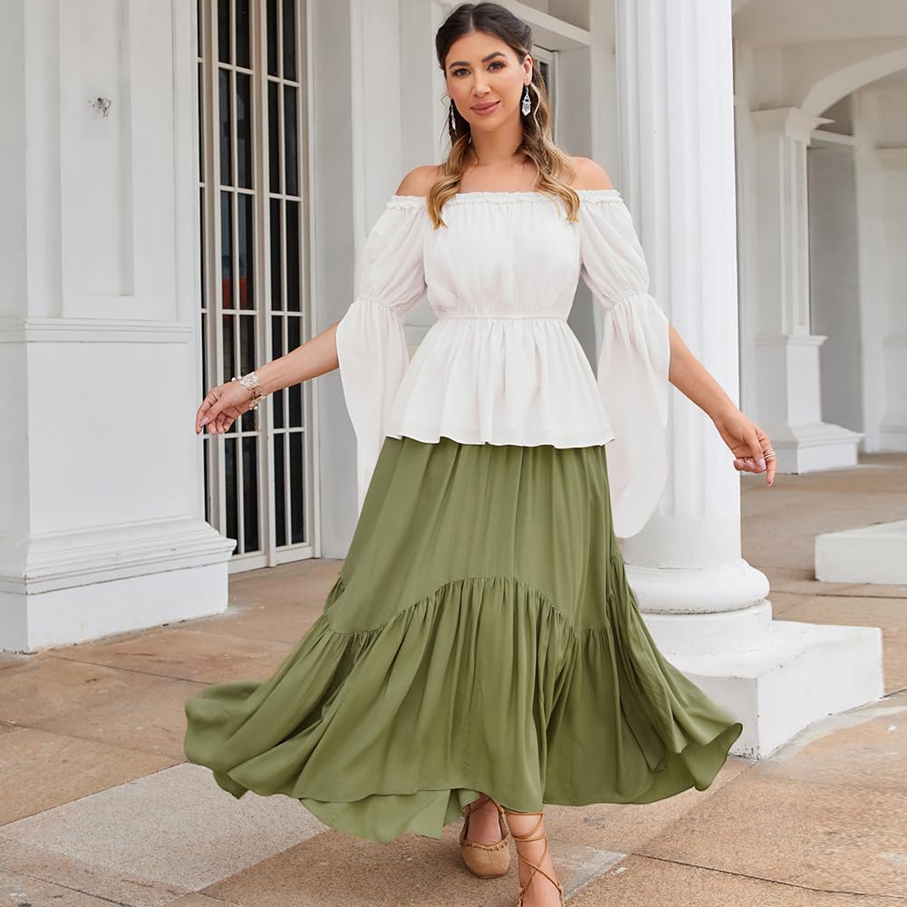 SCARLET DARKNESS Chemise Traditionnelle Renaissance pour Femmes, épaules dénudées, Manches Lotus avec Fente, Haut de Campagne, Blanc S