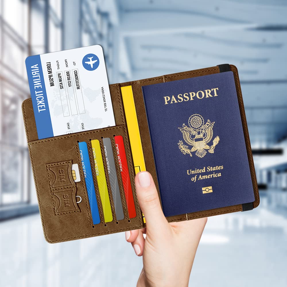 Funda Pasaporte, La Portada del Pasaporte con Bloqueo RFID para Pasaporte, Tarjeta de Crédito, Tarjetas de Visita, Pases de Embarque, Tarjeta Médica (Marrón) — view 7