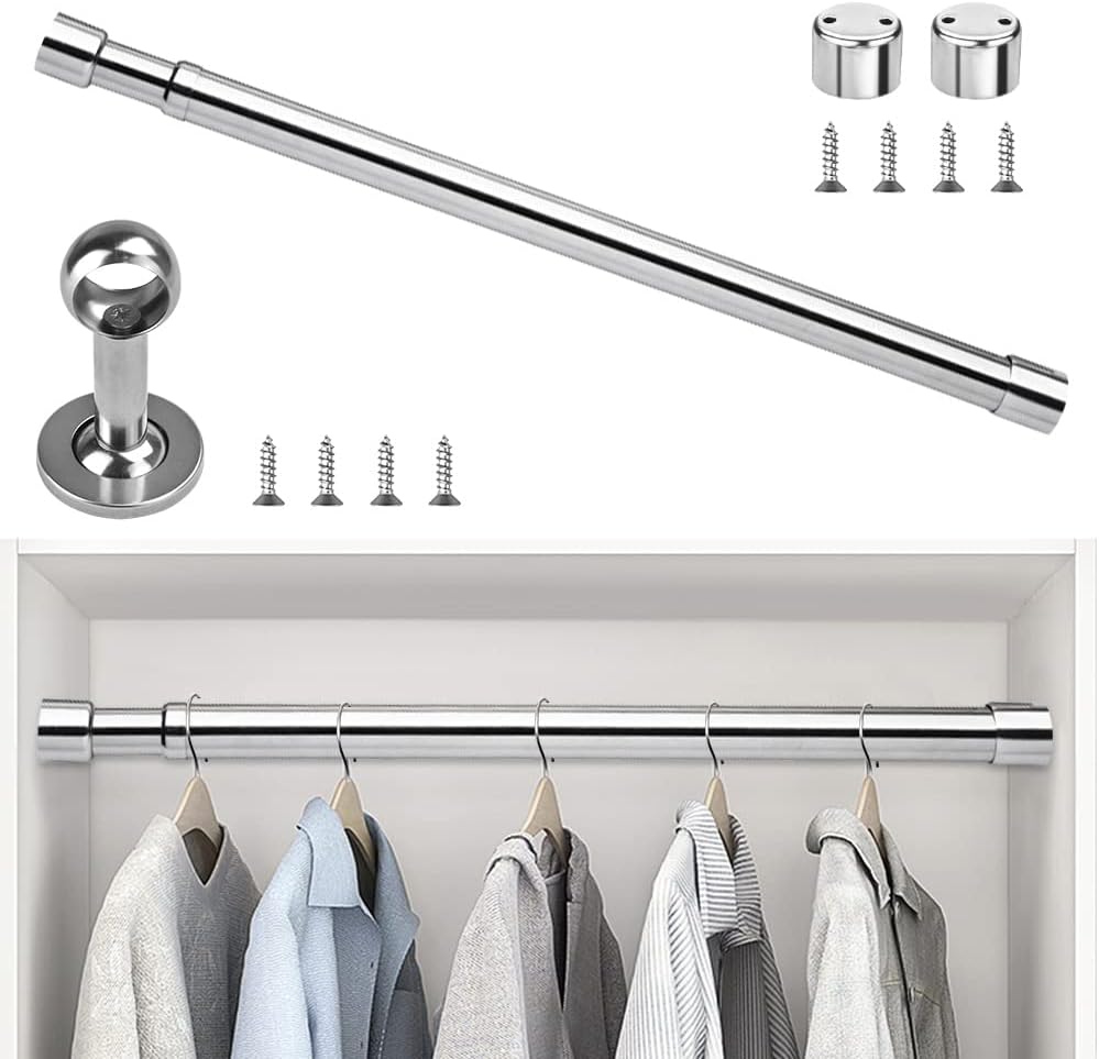 82-152cm Extendable Stainless Steel Wardrobe Rail Adjustable Clothes Rail Pole 25mm Heavy Duty Wardrobe Rod Clothing Hanging Rod with End Sockets & Screw for Wardrobes Shower Balcony Windows