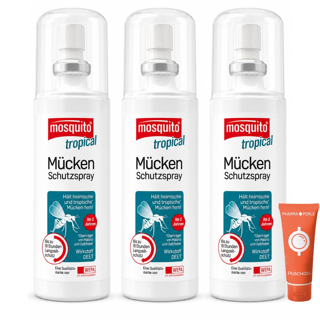 Mosquito tropical Mücken-Schutzspray 100 ml I Insektenschutz mit 50% DEET I für Reise & Outdoor I bis zu 10 h Schutz I für tropische & subtropische Regionen I mit Pharma Perle Duschgel (3, 100ml)