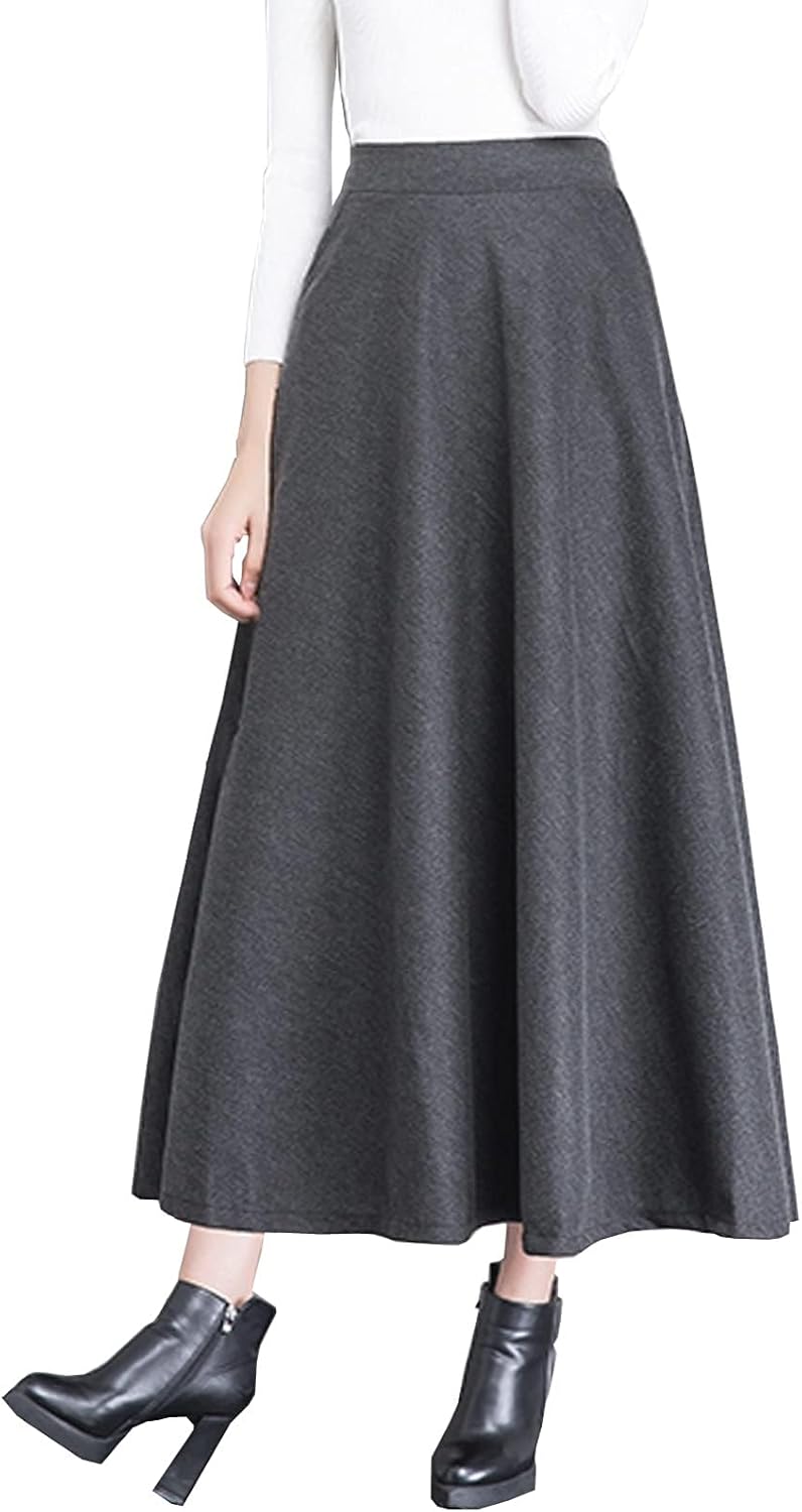 ZHANCHTONG Women's High Elastic Waist Maxi Wool Skirt A-line Plaid Winter Warm Flare Long Skirt
