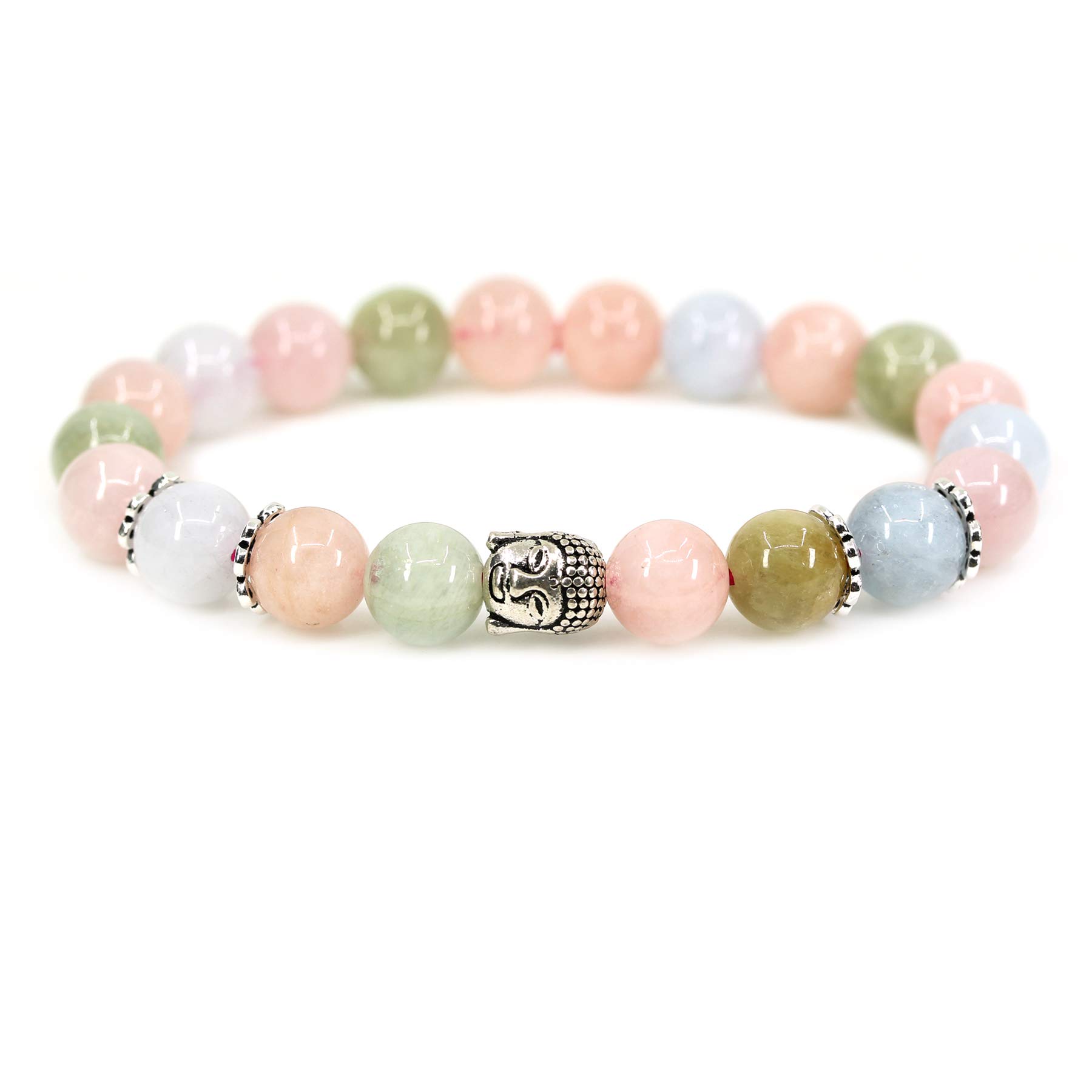 AmandastoneNatural Gemstone with 925 Sterling Silver Buddha Head Gemstone 8mm Round Beads Stretch Bracelet 7 Inch