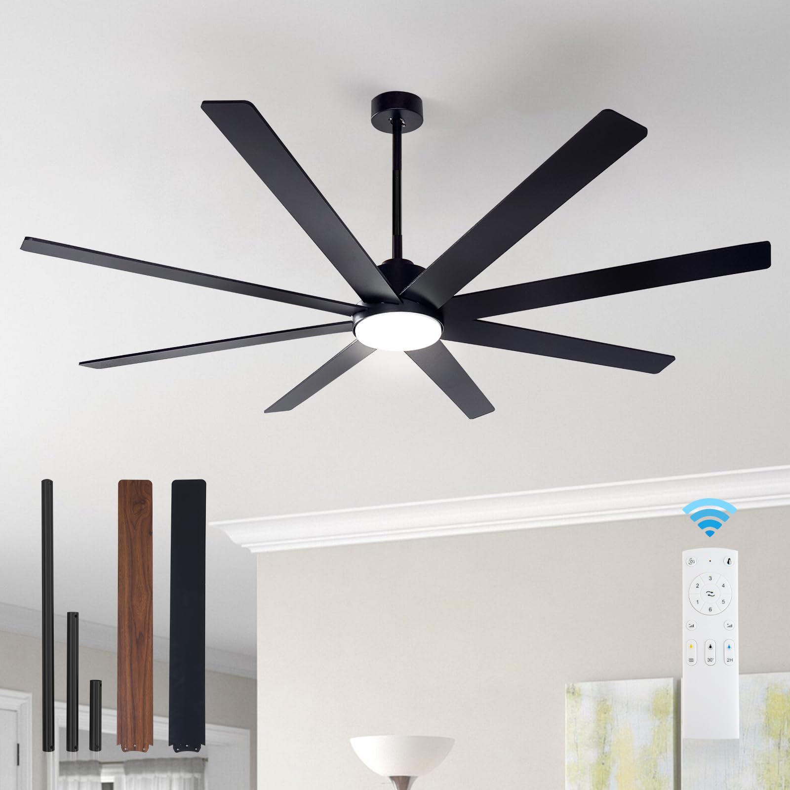 Photo 1 of **MISSING REMOTE**  Minislak 72Inch Large Black Ceiling Fans with Light and Remote Control,8 Wooden Blades,6-Speed,3CCT,Quiet Reversible DC Motor Indoor Outdoor Ceiling Fan for Patio/Living Room/Garden