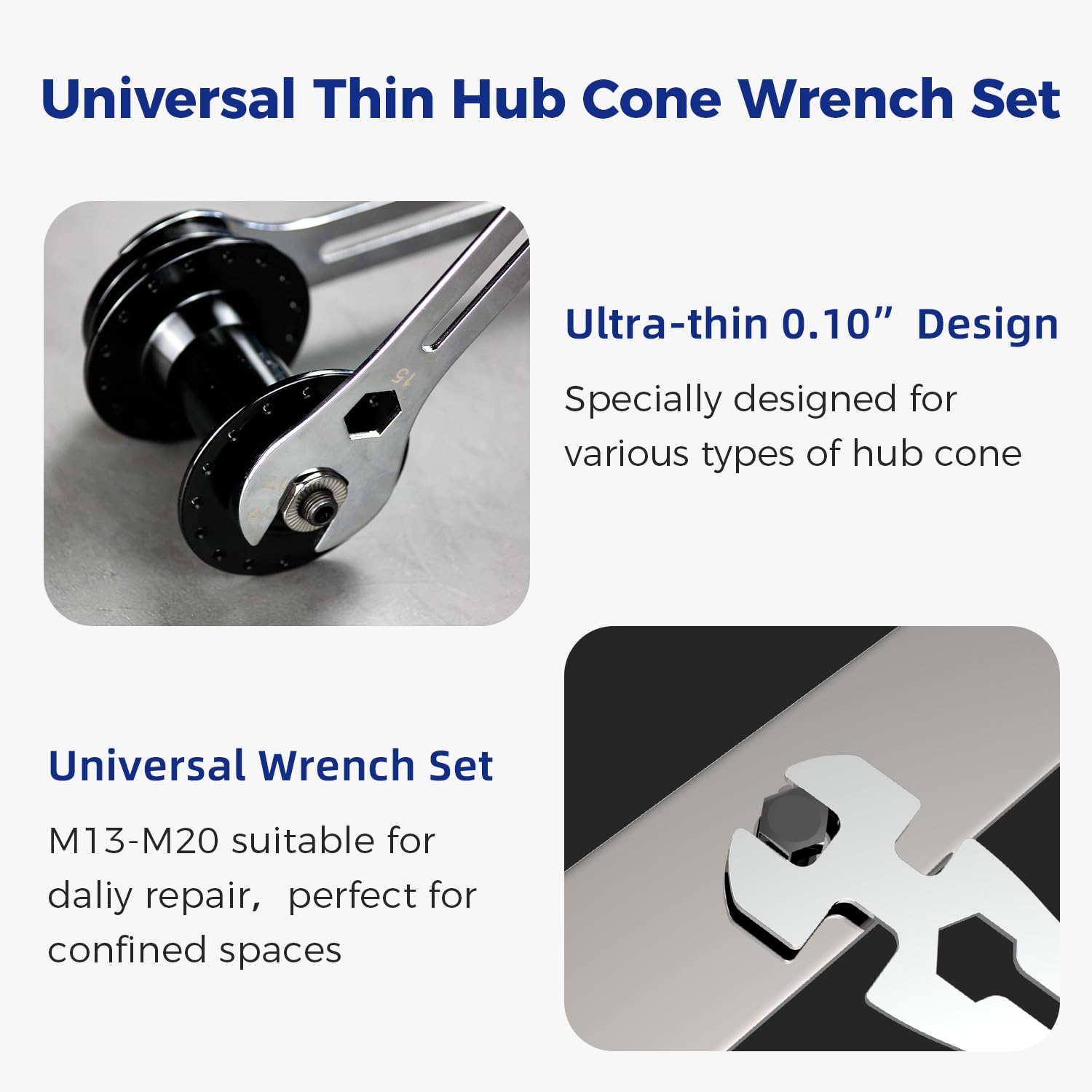 Universal Thin Hub Cone Wrench, Cr-V Steel + Ni-Cr Plating 0.1in/2.5mm Ultra-Thin 13-20mm Wrench for Home Bike Car Repair