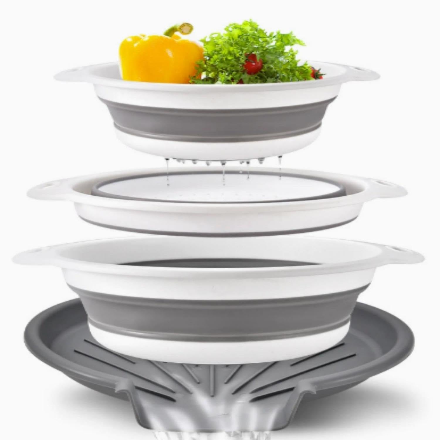 3 Pack Collapsible Colanders with Self-Draining Base,Foldable Silicone Food Strainers Set with Handles,Space Saving Kitchen Sieve Baskets in 3 Sizes for Pasta,Fruit,Vegetables,Draining(Grey+White)