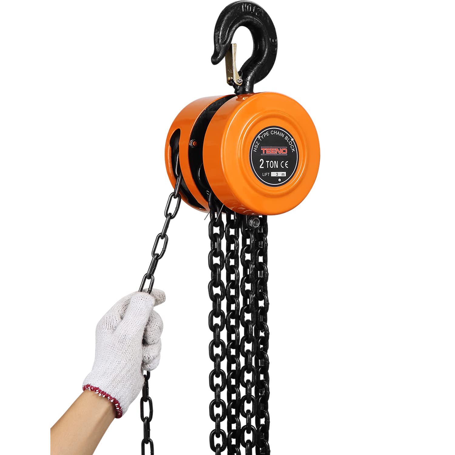 Palan Manuel à Chaine avec Crochet Robuste TEENO, 2000KG, 3m de Levage Max, Double-Chaîne de Charge，Chaîne G80，Orange (2 T 3.0 M)