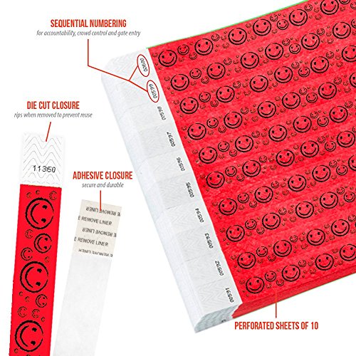 Image of 500 WristCo Neon Red Smiley Face Tyvek Wristbands for Events