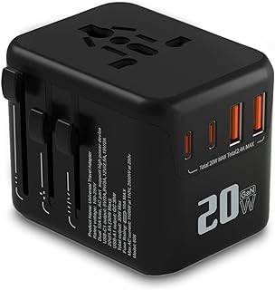 Adaptador Universal de Tomada com 20W PD Carregamento Rápido, 2 USB-C + 2 USB-A, Proteção para Crianças, AUS Euro US UK, ABS+PC, Bivolt 110-240V, Preto - Ideal para Viagens Internacionais