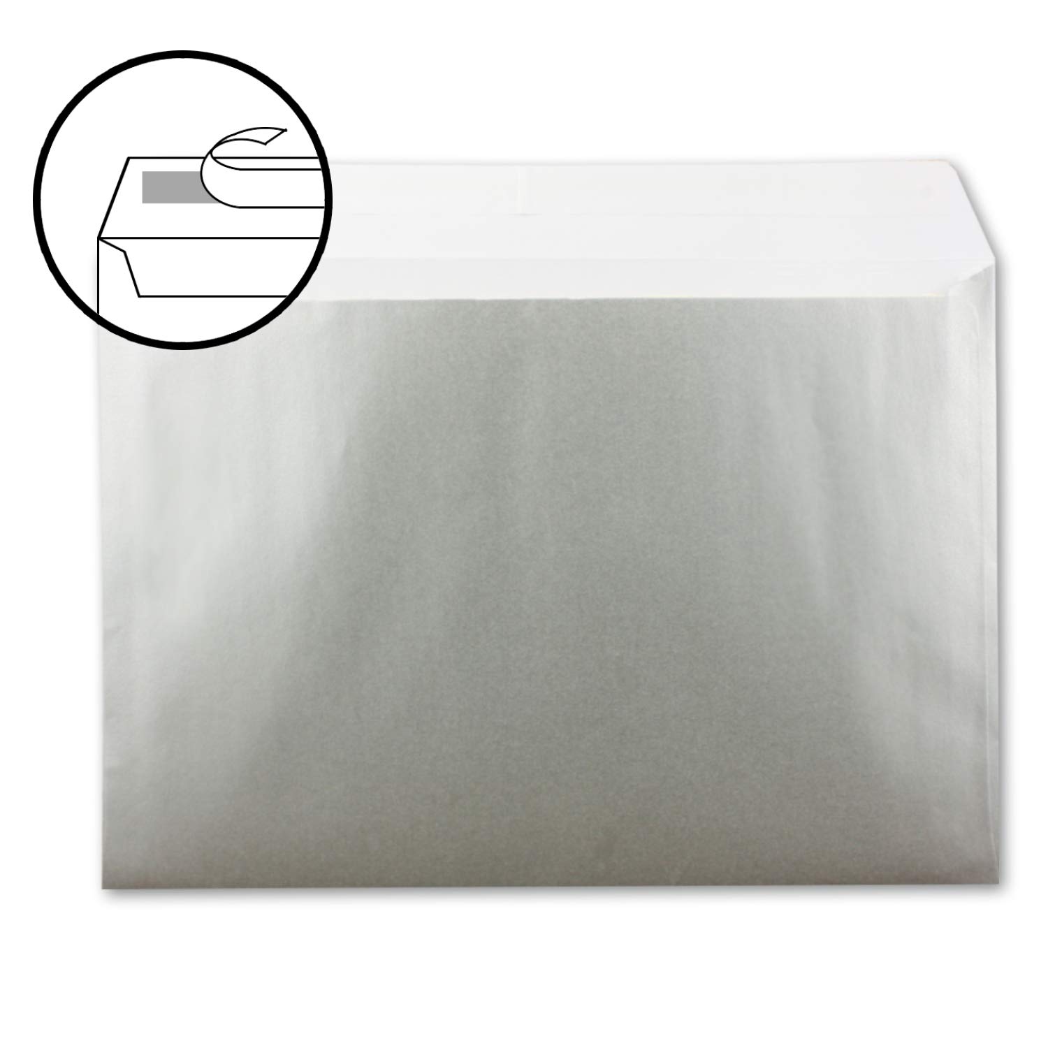 Zestaw 75 x XXL pojedynczych kartek w formacie DIN A4 (21 x 29,7 cm) wraz z kopertami w formacie DIN C4 - metaliczny srebrny - koperta z zaklejaniem - nadaje się do wysyłki kartek z życzeniami, dokumentów i bonów