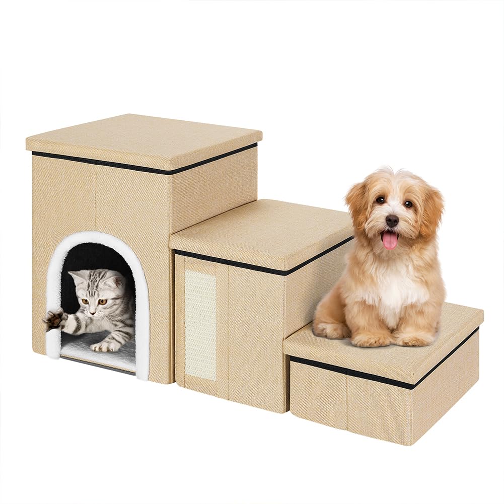 BAKAJI Scale per Cani e Gatti 3in1 Pieghevole in Poliestere Beige, Scala per Animali Domestici Multifunzione, Scaletta Vano Contenitore e Cuccia Casetta, Gradini Ergonomiche, Fondo Antiscivolo