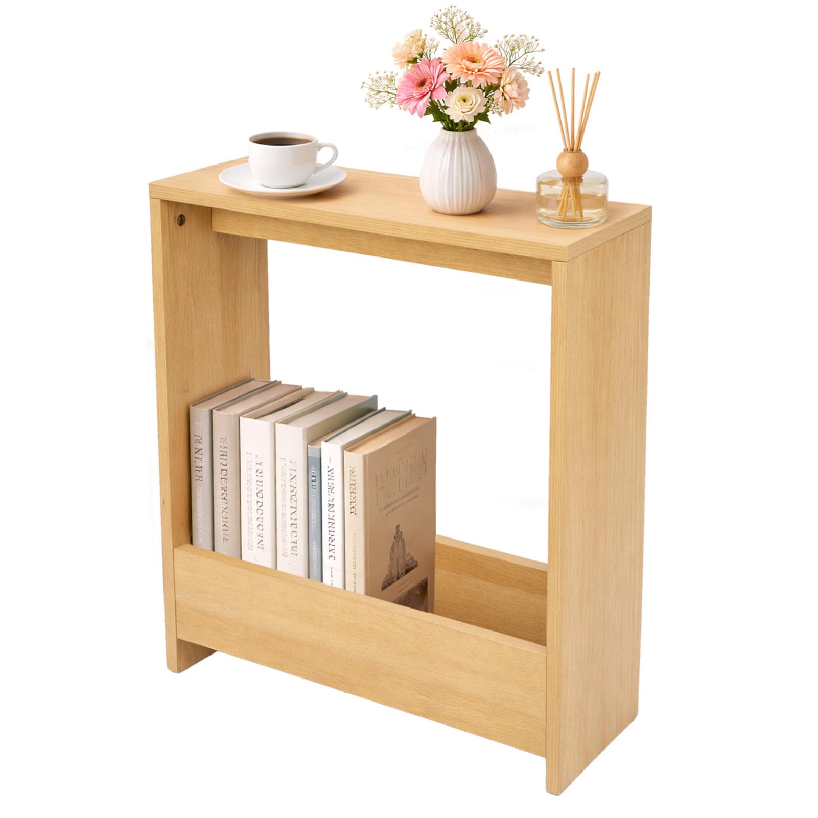 Minifactory Modern Side Table with Magazine Rack Narrow End Table for Living Room Office Bedroom 55 x 20 x 65cm Slim Design Options Multi-Functional Storage Cabinet (Light Oak)