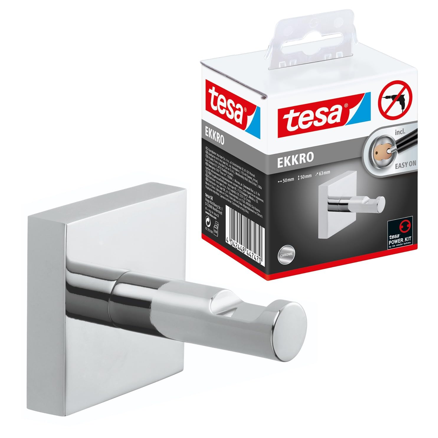 Tesa Uk Chrome Tesa® Ekkro Towel Hook, High Gloss D Metal, Self-Adhesive, Adhesive Mounting Technology, 50Mm X 50Mm X 63Mm