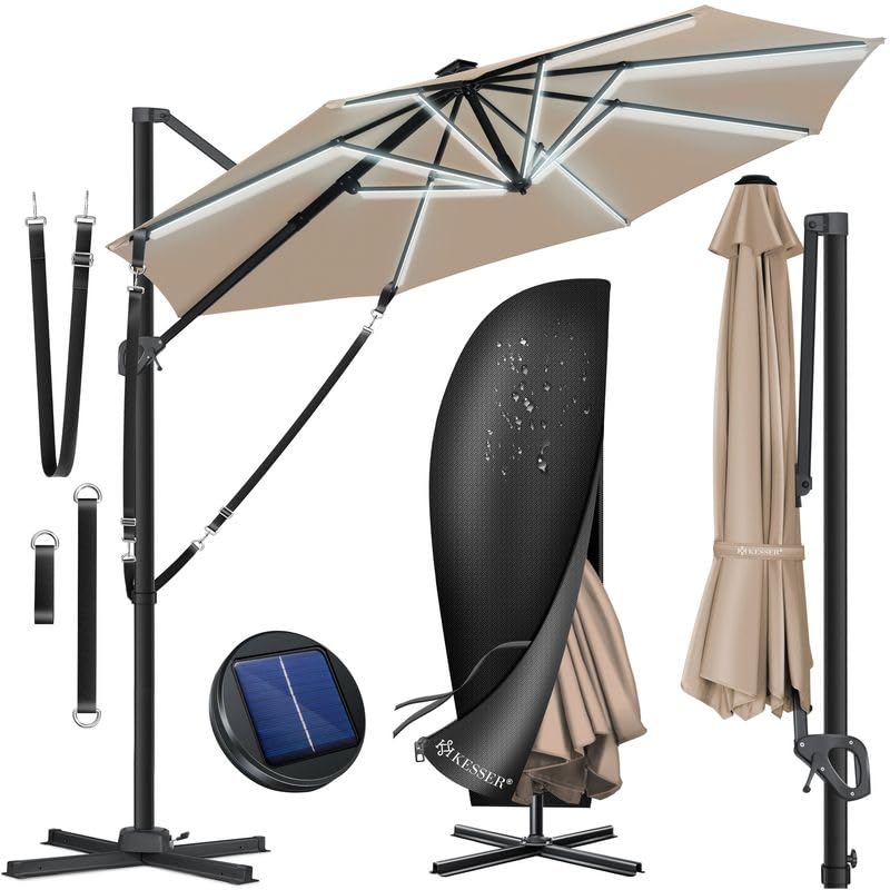 KESSER® Sonnenschirm Ampelschirm SUN Rund LED XL Ø330 cm, 7-Fach Verstellbar Drehbar Neigbar Kippbar Groß 360° Drehbar Gartenschirm mit Kurbel Sonnenschutz UV50+ Inkl. Windschutz & Abdeckung, Taupe