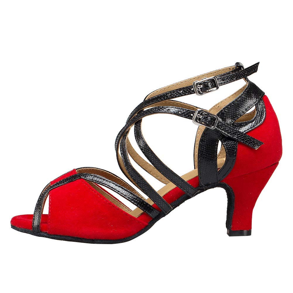 HIPPOSEUS Women's Cross Strap Latin Dance Shoes Ballroom Party Salsa Dancing Shoes Middle heel, Red, US 7