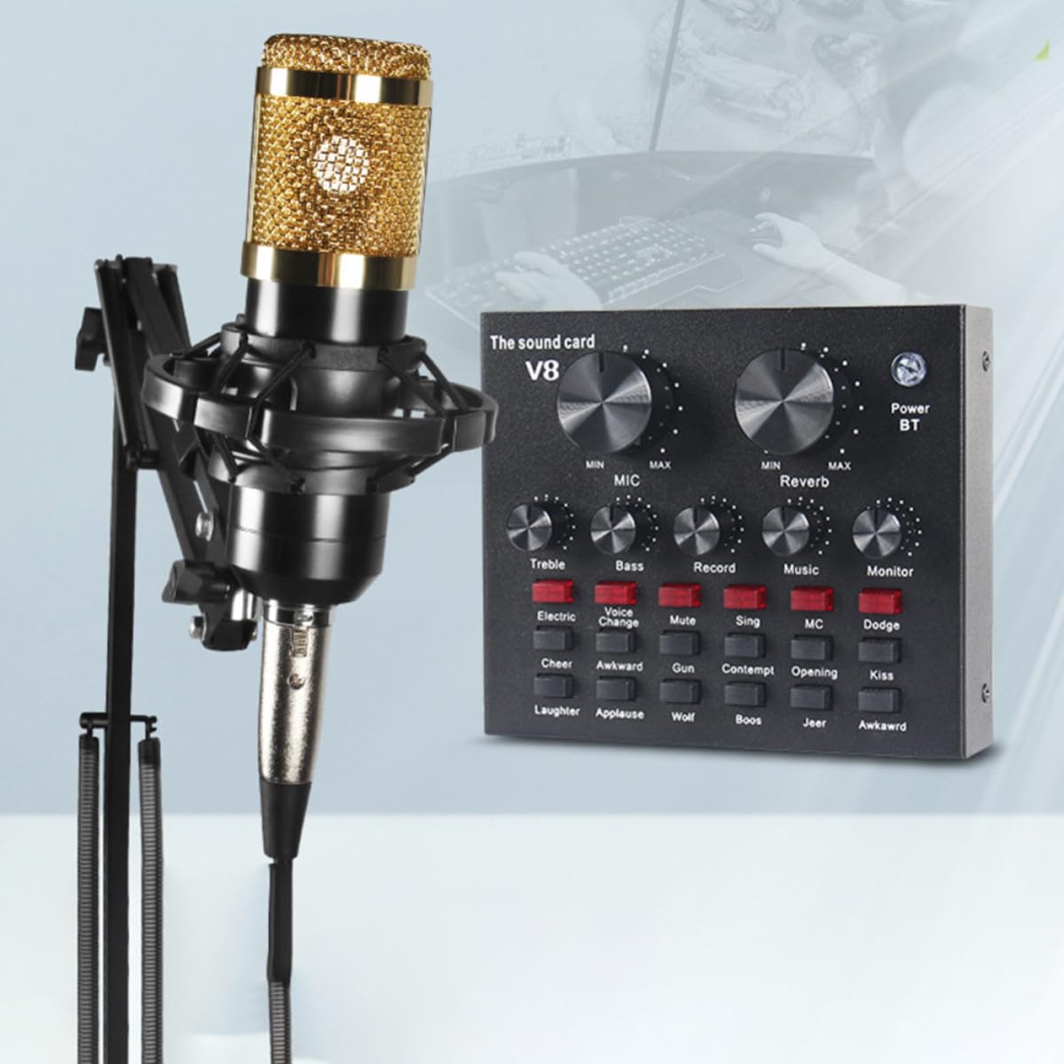 Housoutil Scheda Audio Esterna Professionale Mixer Audio e Effetti, Microfono Condensatore Nero in Metallo Volume Regolabile per Live Streaming e Canto