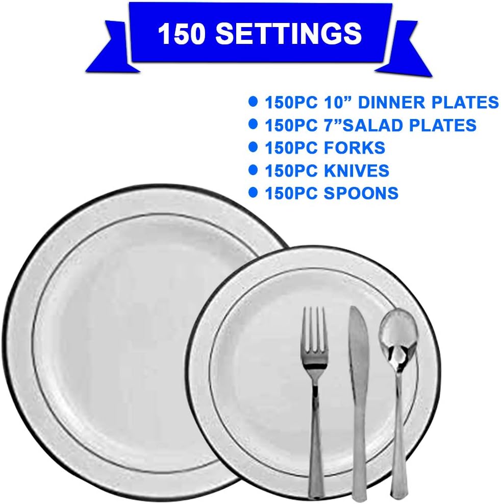 750 Pieces Plastic China Plate Silverware Combo for 150 people WHITE with SILVER Reflection Masterpiece Like