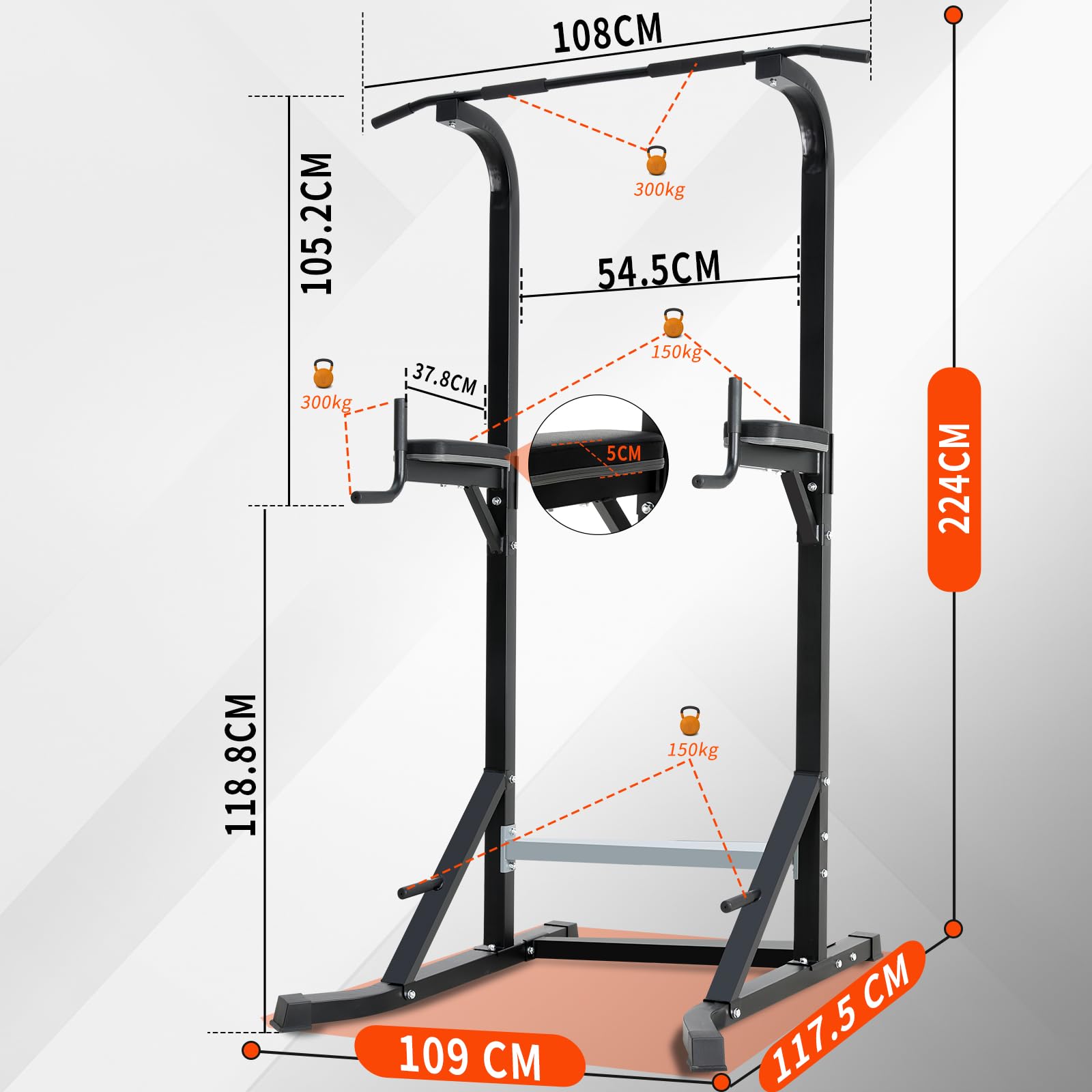 Chaise Romaine Station de Musculation Complet, Pull Bar Barre de Tractions sur Pieds, Barres de Traction Support d'Entraînement Dips Pull Up Fitness Power Tower, Barre Traction Stable Charge 150KG
