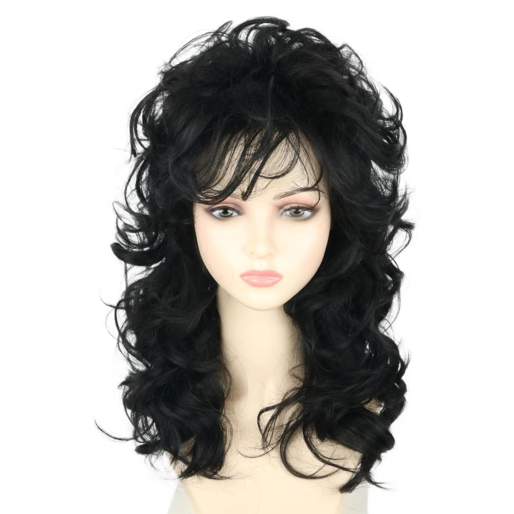 LeMarnia Women's Black Fluffy Long Curly Wig Rock Singer Wig Halloween Party Costume Wigs, 22.75 inches